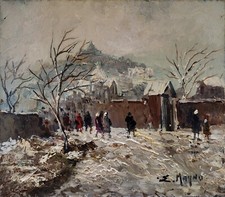 "Neve in paese" Grazioso dipinto su tavola di Eugenio Magno - 1980 circa