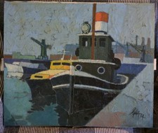 Olio su tela Marina con barche