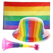 BANDIERA DELL'ORGOGLIO, CAPPELLO ARCOBALENO + COLORI VUVUZELA LGBT FESTIVAL MARCIA CELEBRA LOTTO