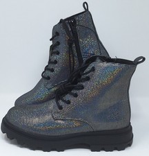 Stivali da ragazza argento discoteca scintillante e nero - taglia UK 4 - stringati e zip - nuovi