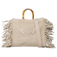 Secret Pon Pon Jacqueline Tote L Borsa a Mano Donna in Tessuto Crema con Frange