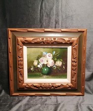 Rose natura morta floreale in legno splendidamente intagliato e cornice verde oliva 16 x 18