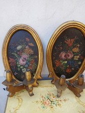 COPPIA APPLIQUES LEGNO DORATI CON TELA DIPINTA A FIORI - BAROCCHETTO 1960 EMILIA