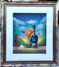 Serigrafia a colori "rosa in vaso" numerata firmata Antonio Nunziante in cornice