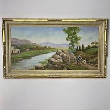 Grande Quadro stile antico dipinto a ad olio su tela Paesaggio bucolico agreste