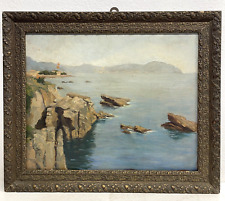 QUADRO DIPINTO Silvio Secchi PAESAGGIO LIGURE MARINA GENOVA EPOCA '800 SCOGLIERA