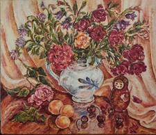 Fiori e bambola russa, dipinto olio su tela, 60 x 50, quadro d'autore unico