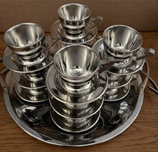 Vintage INOX Set 12 Tazzine Espresso + Piattini ACCIAIO INOX 18/10 + Servitori 
