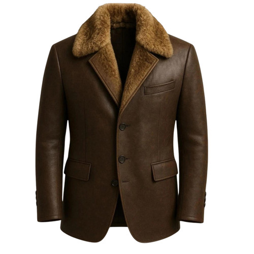 Men brown leather - coat, fur