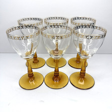 6 Elegant Amber Stemmed  Shot Cordial Glasses Leaf Gilding Gilt 5.5"