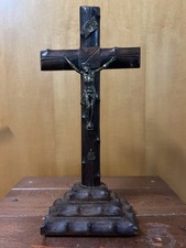 ANTICO CROCIFISSO  DA ALTARE TAVOLO LEGNO E OTTONE META’ DEL 900  35x13cm