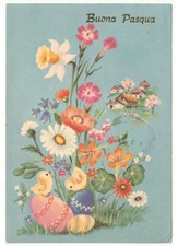 1981 cartolina vintage Buona Pasqua prato fiorito uova decorate pulcini paese