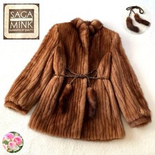 SAGA pelliccia visone argento etichetta cappotto giacca visone marrone con cintura donna usato dal Giappone