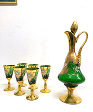 ANTICO SET DECANTER 6 BICCHIERI STELO RITORTO vetro BOEMIA VERDE ORO ZECCHINO