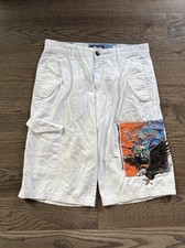 Pantaloncini cargo Pelle Y2K larghi sotto il ginocchio bianchi taglia 32 teschio aquila serpente