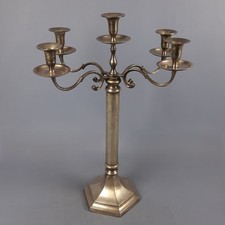 Candelabro Metallo Argentato Grande A 5 Fiamme Base Esagonale Vintage 1970