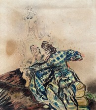 Femme devant sa coiffeuse, pastel, dessin ancien, XXe