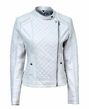 Giacca donna vera pelle di pecora elegante slim fit bianca trapuntata biker coat