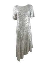 Adrianna Papell Women's Sequined Asymmetrical Midi Dress (10, Silver)
