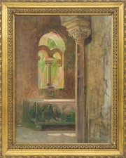 Onorato Carlandi (1848 - 1939) Interno di chiostro, olio su cartone telato