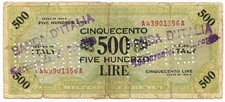500 LIRE FALSO D'EPOCA OCCUPAZIONE AMERICANA IN ITALIA BILINGUE FLC AA 1943 A MB