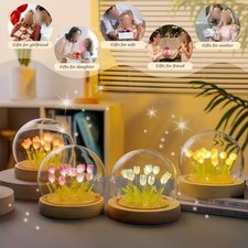 Lampada da tavolo luce notturna tulipano rosa con paralume in vetro e base in legno per bambine