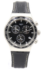Nuovo orologio Swiss Swatch IRONY AT NIGHT Chrono pelle nera data 34 mm YVS495 $200