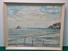 Dipinto olio su tavola paesaggio marino molo 1980 incorniciato firmato E Becker
