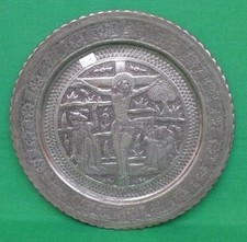 ANTICO GRANDE PIATTO IN RAME STAGNATO CROCIFISSIONE ICONA GESÙ - 39,5 CM. 54M