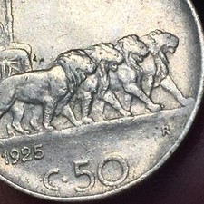 MONETA REGNO D’ITALIA VITTORIO EMANUELE III 50 CENTESIMI LEONI 1925 RIGATO