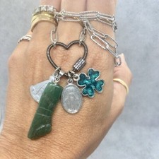 Collana Mano Quadrifoglio Medaglia Sacra Madonnina Pietra Dura Argento Acciaio