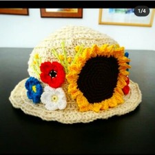Cappellino con Girasole e Fiori Neonata Bambina Cotone Uncinetto Fatto A Mano