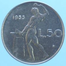 REPUBBLICA ITALIANA 50 LIRE 1955 VULCANO ACCIAIO COIN FDC CURRENCY COLLEZIONE