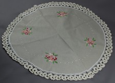 GRANDE CENTROTAVOLA VINTAGE IN LINO CON RICAMI A MANO E ORLO UNCINETTO CROCHET +