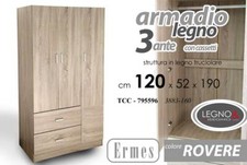 ARMADIO MODERNO Guardaroba 3 ANTE 2 CASSETTI + Appendiabiti ROVERE 190*120*52 cm