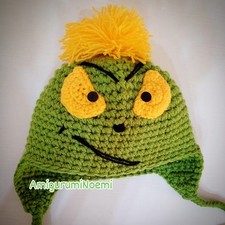 Cappello verde forma di Grinch taglia L uncinetto con paraorecchie