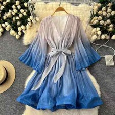 Vestito Abito Donna Corto Raso Morbido Boho Chic Blu Colorato Cintura 11305