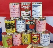 1940s-WW2-HOME FRONT 12 Replica Food Cans. Fab for Display- School-Reenactment