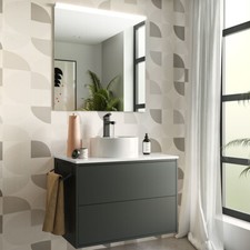 MOBILE BAGNO SOSPESO 2 CASSETTI LAVABO SPECCHIERA LED 80 CM NERO OPTIMUS LISBOA