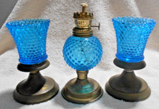 Pair of Blue Hob Nail Candle Holders and a Hurrican Lamp