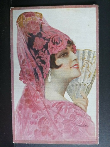 Cartolina donna con ventaglio - cartolina,