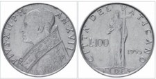 CITTÀ DEL VATICANO LIRE 100 PAPA PIO XII FIDES ANNO 1955