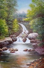 QUADRO CLASSICO DIPINTO A MANO OLIO SU TELA IMMAGINE PAESAGGIO CASCATA