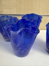 Vaso Bicchiere vetro artistico studio bordo increspato blu cobalto stile Muran