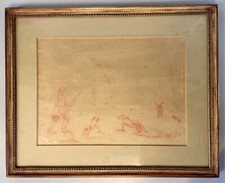 QUADRO DISEGNO SANGUIGNA CARTA SPOLVERO FIRMATO "Pisis" SCENA di CACCIA '900