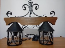 Lampadario rustico legno e ferro battuto cm 60x51 a sospensione 