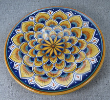 Piatto ceramica Deruta dipinto a mano geometrico fiore pavone/mandala 7 1/8" Italia