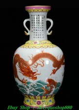 Vaso bottiglia 17" Qianlong marcato Famille porcellana rosa oro motivo drago carpa
