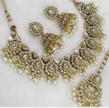 Collana da sposa girocollo perle Kundna placcato oro indiano Bollywood set gioielli