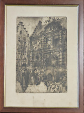 ANTICO QUADRO INCISIONE ACQUAFORTE del XIX secolo OPERA Veduta Piazza in Cornice